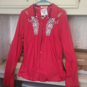 Roar Red Button Down Shirt with Silver Embellishments